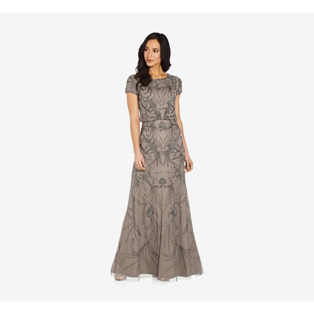 Adrianna Papell - Long Beaded Blouson Dress In Mercury - Size 12